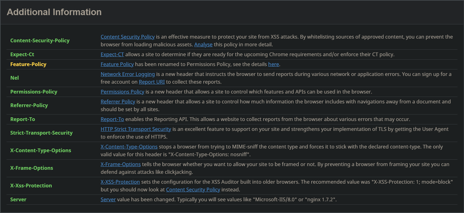 Security Headers Additional Information